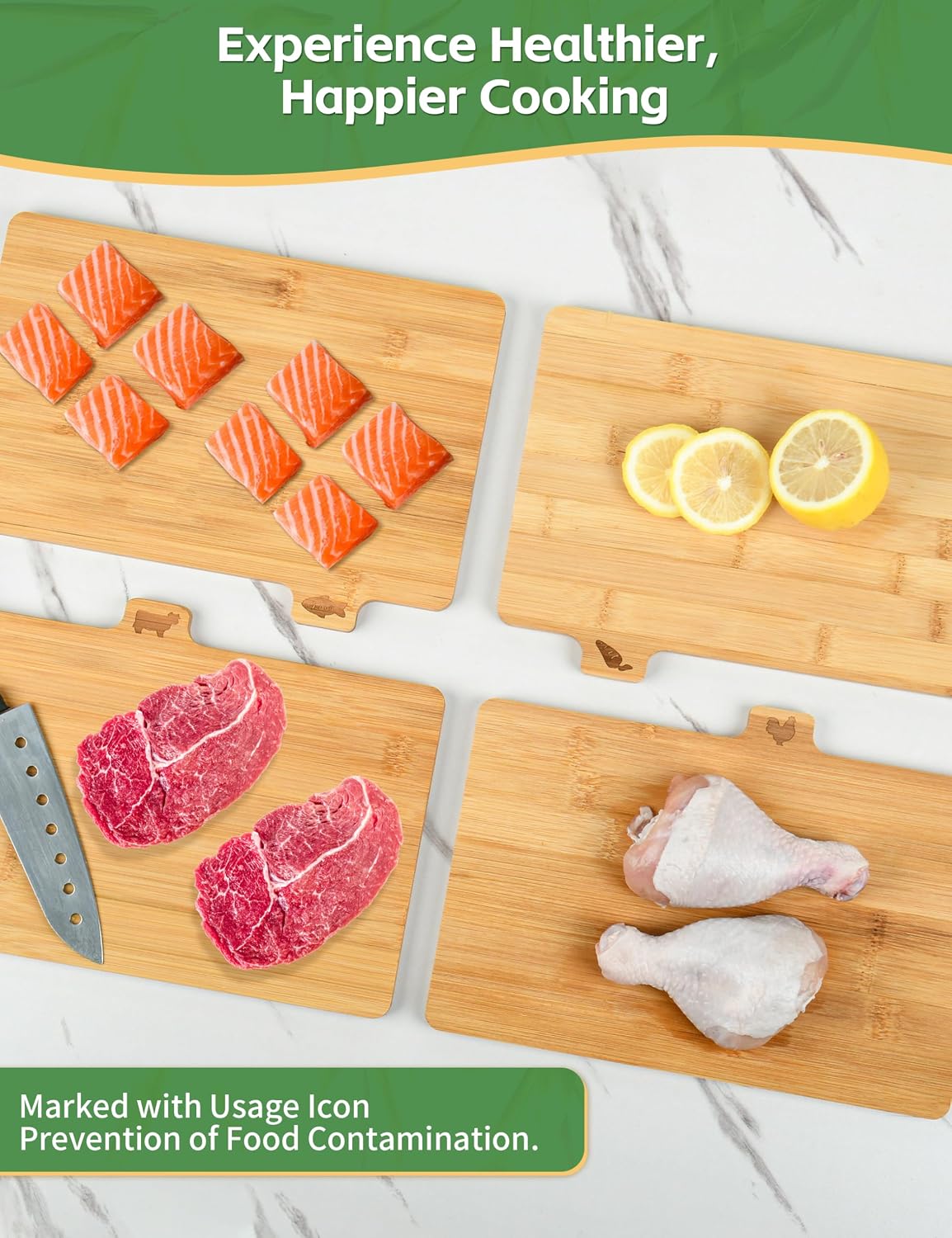 Bamboo Cutting Board Set with Meatal Stand, 4PCS Eco-Friendly Labeled Tabs Cutting Board, Durable Cutting Boards Kitchen For Chopping Fruit, Meat, Cheese, Veggies - 11" x 8"
