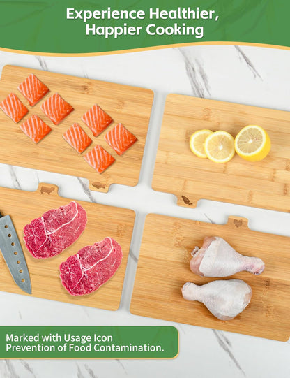 Bamboo Cutting Board Set with Meatal Stand, 4PCS Eco-Friendly Labeled Tabs Cutting Board, Durable Cutting Boards Kitchen For Chopping Fruit, Meat, Cheese, Veggies - 11" x 8"