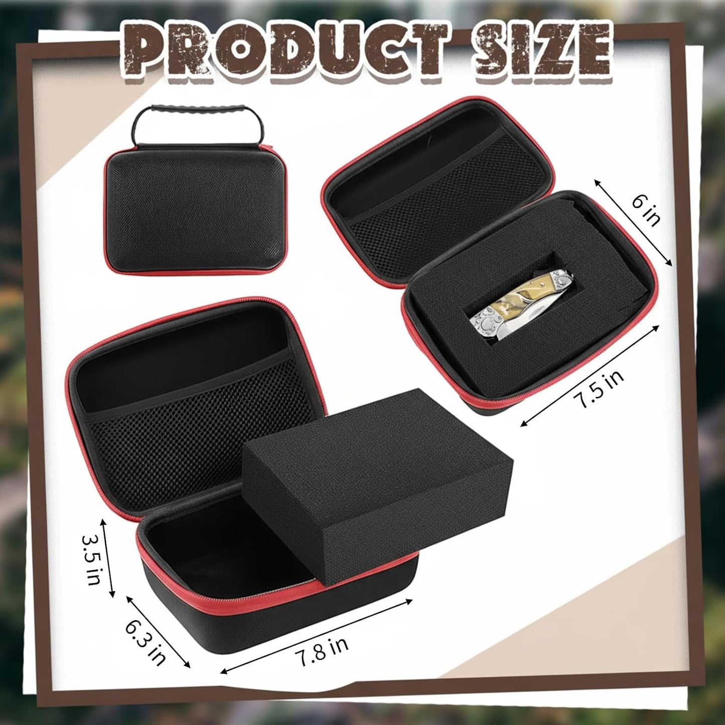 EVA Hard Case with Customizable Foam 7.8 x 6.3 x 3.5 Inch Protective EVA Carrying Case Shockproof Outdoor for Camera, Digital Products, Electronic Instruments with Knife, Black and Red