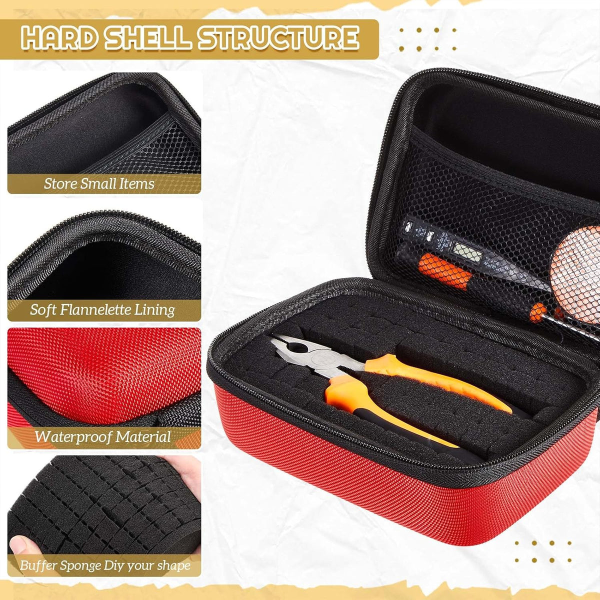 EVA Hard Case with Customizable Foam 7.8 x 6.3 x 3.5 Inch Protective EVA Carrying Case Shockproof Outdoor for Camera, Digital Products, Electronic Instruments with Knife, Black and Red