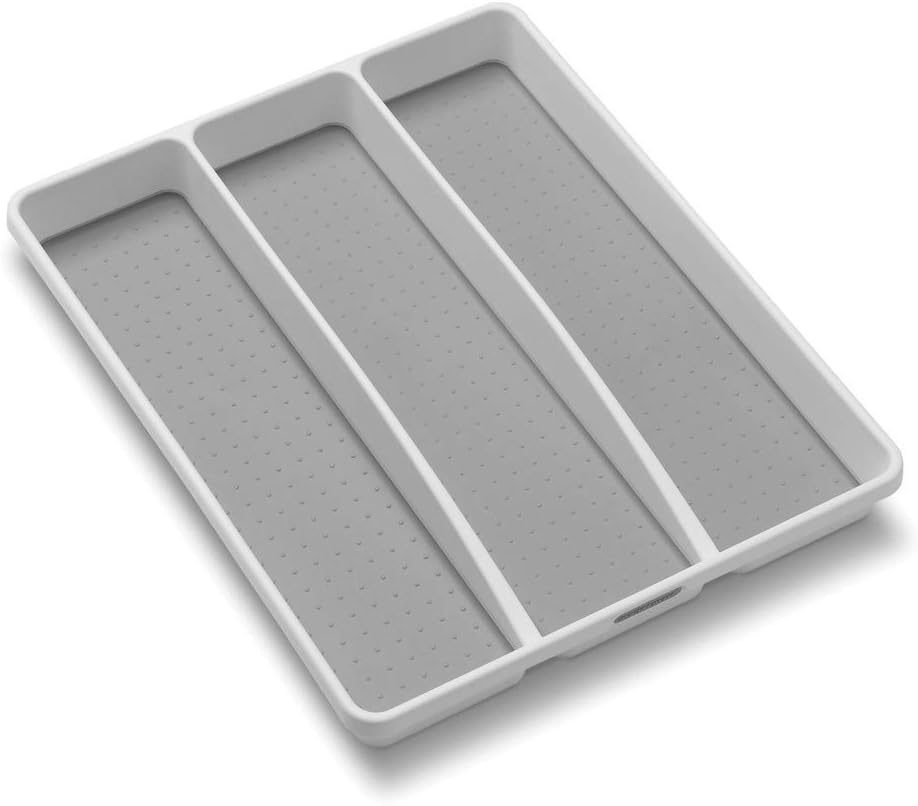 3 Compartment Utensil Tray, Multi Purpose Storage Organizer, Non Slip Lining,Deep Storage for Ladles, Whisks & Serving Tools, for Drawers & Home Organization, White