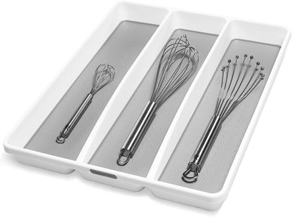 3 Compartment Utensil Tray, Multi Purpose Storage Organizer, Non Slip Lining,Deep Storage for Ladles, Whisks & Serving Tools, for Drawers & Home Organization, White