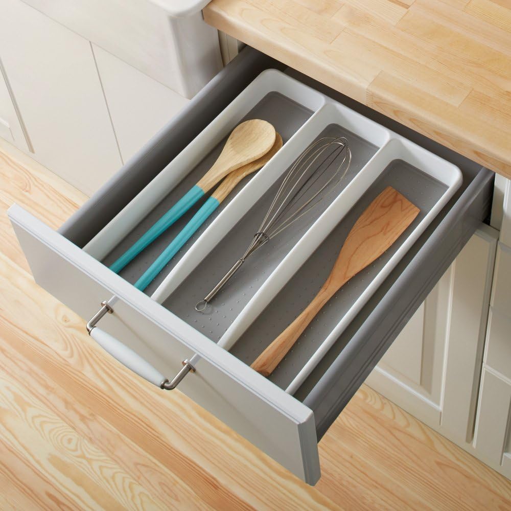 3 Compartment Utensil Tray, Multi Purpose Storage Organizer, Non Slip Lining,Deep Storage for Ladles, Whisks & Serving Tools, for Drawers & Home Organization, White