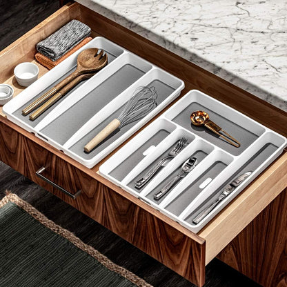 3 Compartment Utensil Tray, Multi Purpose Storage Organizer, Non Slip Lining,Deep Storage for Ladles, Whisks & Serving Tools, for Drawers & Home Organization, White