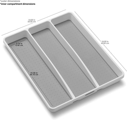 3 Compartment Utensil Tray, Multi Purpose Storage Organizer, Non Slip Lining,Deep Storage for Ladles, Whisks & Serving Tools, for Drawers & Home Organization, White
