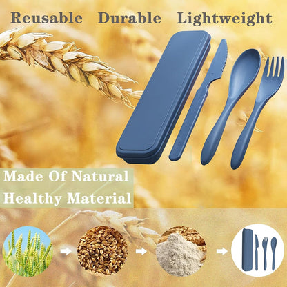 Reusable Travel Utensils with Case, Wheat Straw Portable Plastic Fork Spoons Knife Tableware, Eco-Friendly BPA Free Camping Cutlery for Lunch Box Accessories Work Picnic or Daily Use (Purple)