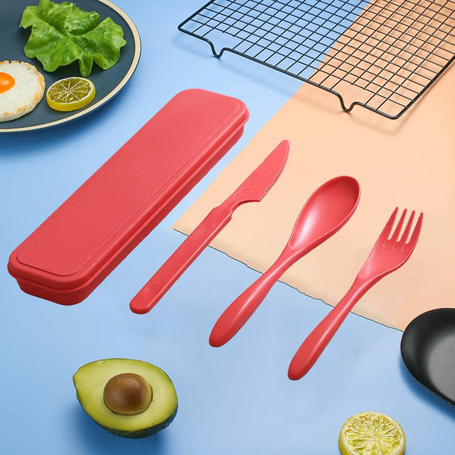 Reusable Travel Utensils with Case, Wheat Straw Portable Plastic Fork Spoons Knife Tableware, Eco-Friendly BPA Free Camping Cutlery for Lunch Box Accessories Work Picnic or Daily Use (Purple)