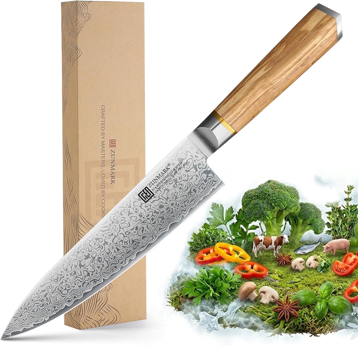 8 Inch Chef Knife, 67-Layer Damascus Steel Kitchen Knives with 10Cr15CoMoV Premium Steel Core, Hybrid Diamond-Oval Olive Wood Handle Japanese Knife, 13° Blade Ultra-Sharp Cooking Knives, Gift fo r Him