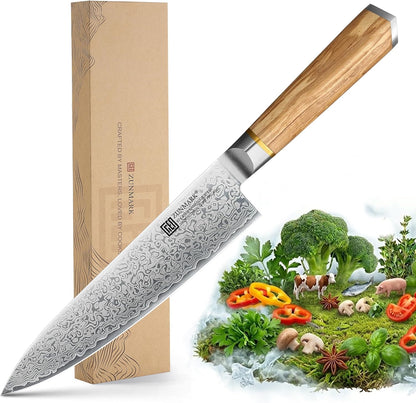 8 Inch Chef Knife, 67-Layer Damascus Steel Kitchen Knives with 10Cr15CoMoV Premium Steel Core, Hybrid Diamond-Oval Olive Wood Handle Japanese Knife, 13° Blade Ultra-Sharp Cooking Knives, Gift fo r Him