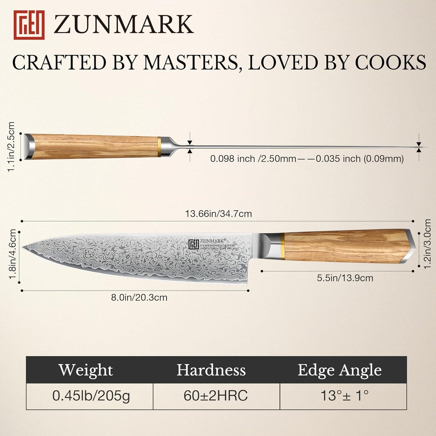 8 Inch Chef Knife, 67-Layer Damascus Steel Kitchen Knives with 10Cr15CoMoV Premium Steel Core, Hybrid Diamond-Oval Olive Wood Handle Japanese Knife, 13° Blade Ultra-Sharp Cooking Knives, Gift fo r Him