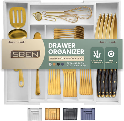 Expandable Drawer Organizer for Utensils Holder, Adjustable Cutlery Tray, 6-8 Slots, Premium Wood Drawer Dividers Organizer for Silverware, Flatware, Knives for Kitchen (White)