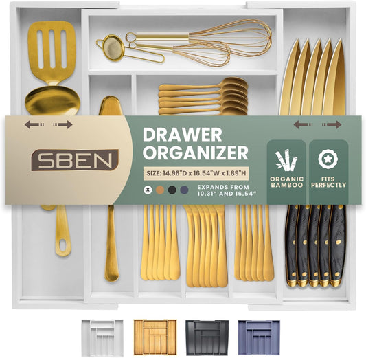 Expandable Drawer Organizer for Utensils Holder, Adjustable Cutlery Tray, 6-8 Slots, Premium Wood Drawer Dividers Organizer for Silverware, Flatware, Knives for Kitchen (White)