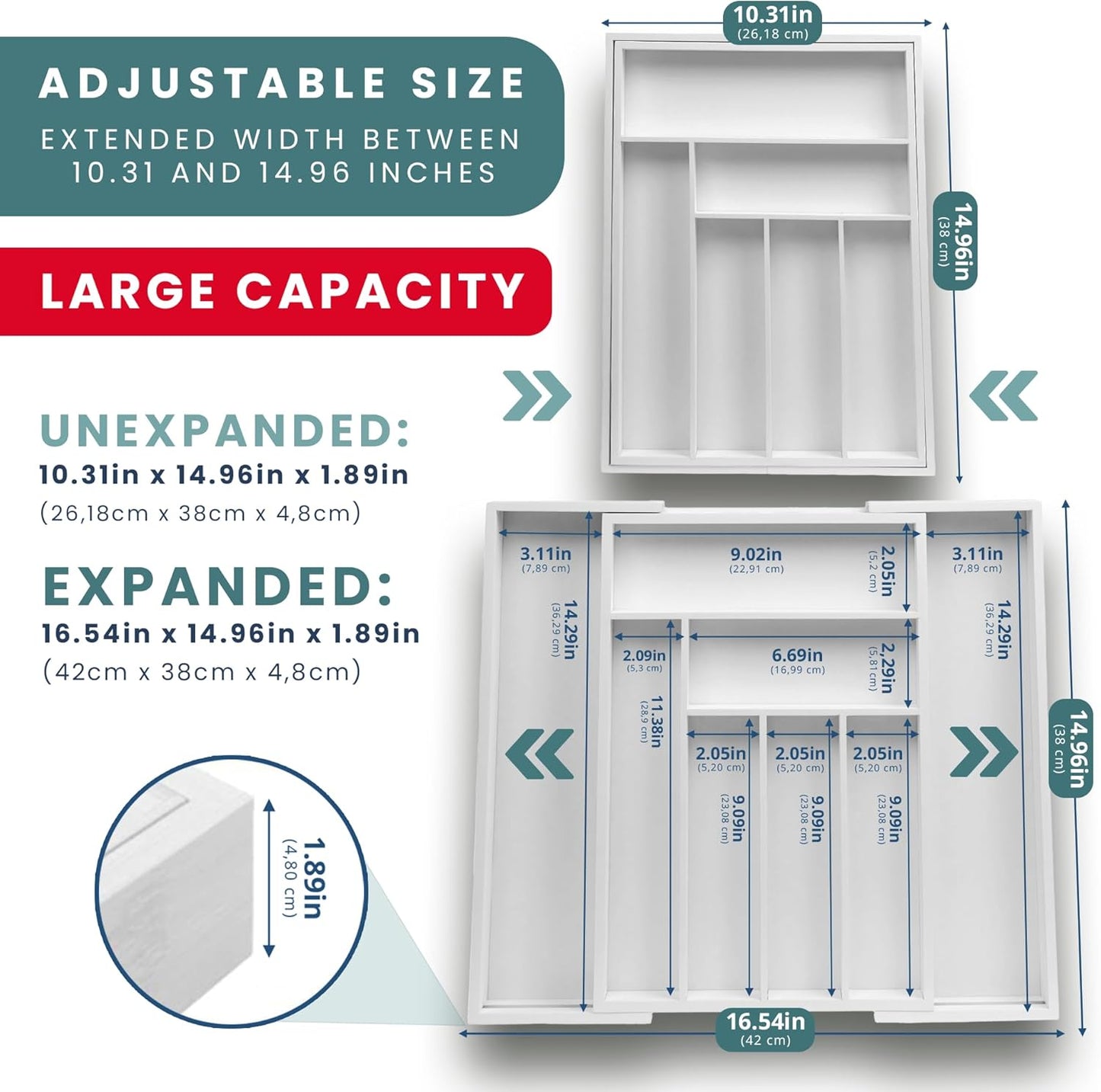 Expandable Drawer Organizer for Utensils Holder, Adjustable Cutlery Tray, 6-8 Slots, Premium Wood Drawer Dividers Organizer for Silverware, Flatware, Knives for Kitchen (White)