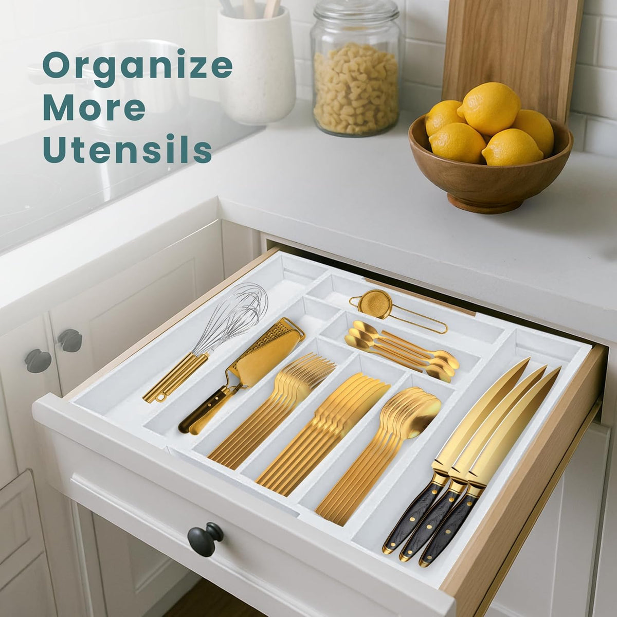Expandable Drawer Organizer for Utensils Holder, Adjustable Cutlery Tray, 6-8 Slots, Premium Wood Drawer Dividers Organizer for Silverware, Flatware, Knives for Kitchen (White)
