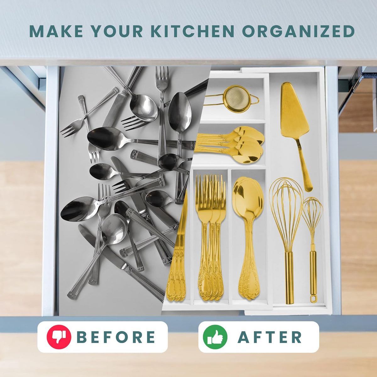 Expandable Drawer Organizer for Utensils Holder, Adjustable Cutlery Tray, 6-8 Slots, Premium Wood Drawer Dividers Organizer for Silverware, Flatware, Knives for Kitchen (White)