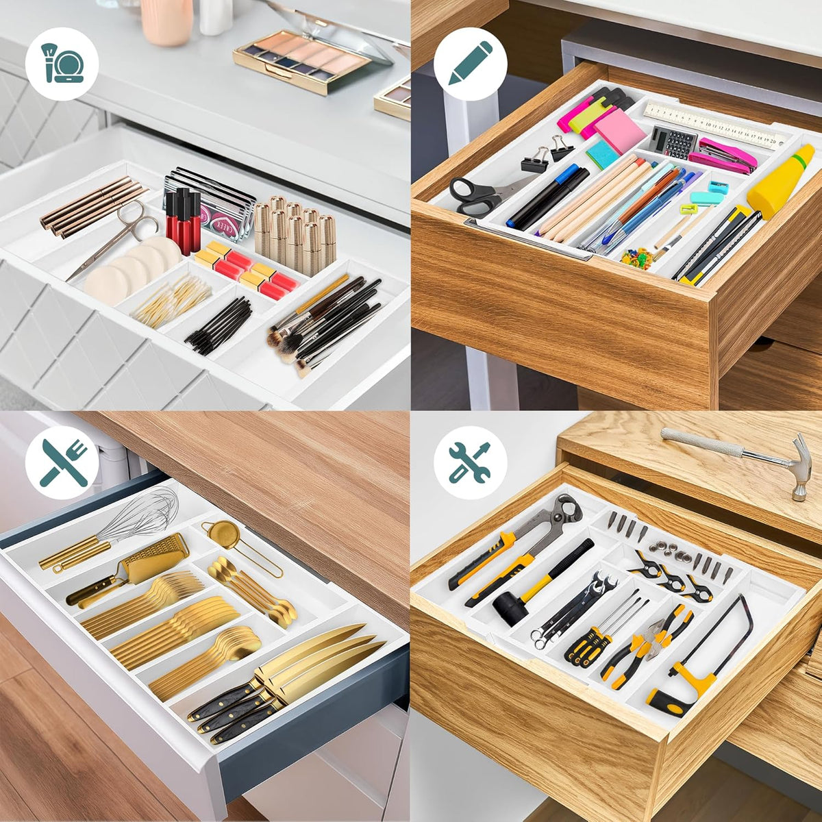 Expandable Drawer Organizer for Utensils Holder, Adjustable Cutlery Tray, 6-8 Slots, Premium Wood Drawer Dividers Organizer for Silverware, Flatware, Knives for Kitchen (White)