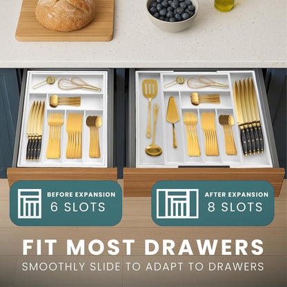 Expandable Drawer Organizer for Utensils Holder, Adjustable Cutlery Tray, 6-8 Slots, Premium Wood Drawer Dividers Organizer for Silverware, Flatware, Knives for Kitchen (White)