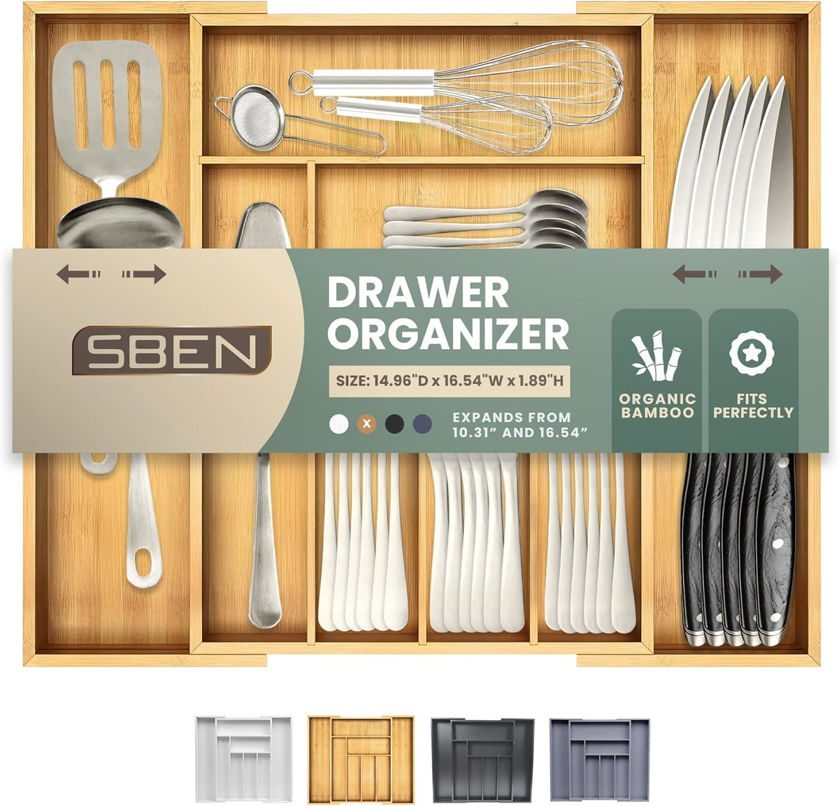 Expandable Drawer Organizer for Utensils Holder, Adjustable Cutlery Tray, 6-8 Slots, Premium Wood Drawer Dividers Organizer for Silverware, Flatware, Knives for Kitchen (White)