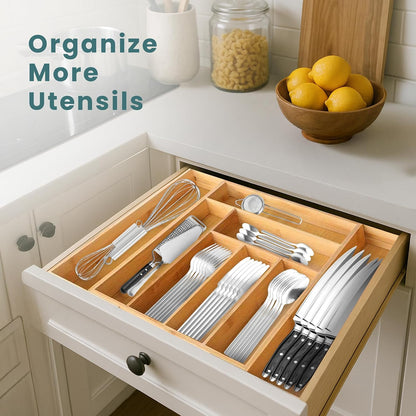 Expandable Drawer Organizer for Utensils Holder, Adjustable Cutlery Tray, 6-8 Slots, Premium Wood Drawer Dividers Organizer for Silverware, Flatware, Knives for Kitchen (White)