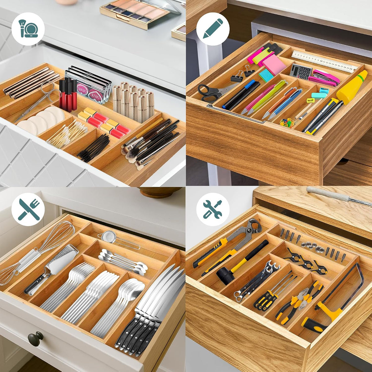 Expandable Drawer Organizer for Utensils Holder, Adjustable Cutlery Tray, 6-8 Slots, Premium Wood Drawer Dividers Organizer for Silverware, Flatware, Knives for Kitchen (White)