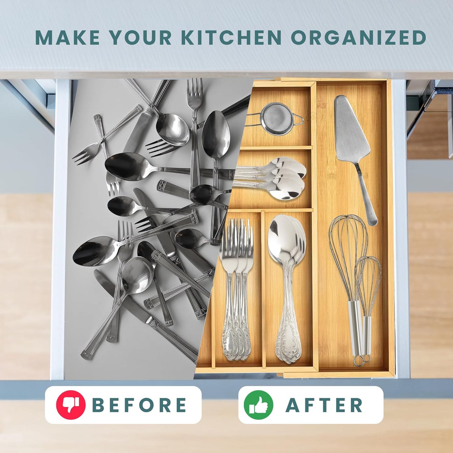 Expandable Drawer Organizer for Utensils Holder, Adjustable Cutlery Tray, 6-8 Slots, Premium Wood Drawer Dividers Organizer for Silverware, Flatware, Knives for Kitchen (White)