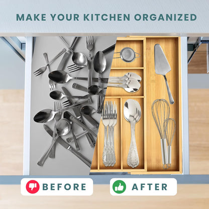 Expandable Drawer Organizer for Utensils Holder, Adjustable Cutlery Tray, 6-8 Slots, Premium Wood Drawer Dividers Organizer for Silverware, Flatware, Knives for Kitchen (White)