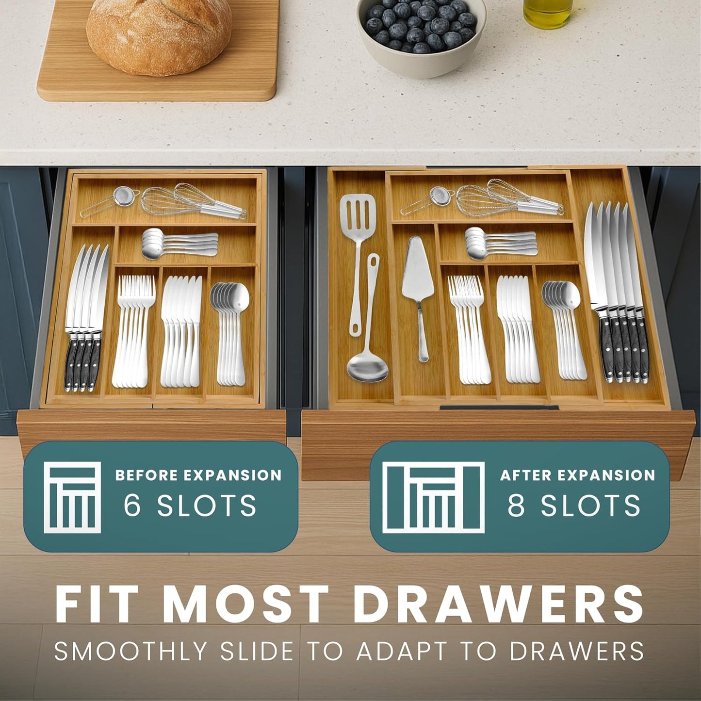 Expandable Drawer Organizer for Utensils Holder, Adjustable Cutlery Tray, 6-8 Slots, Premium Wood Drawer Dividers Organizer for Silverware, Flatware, Knives for Kitchen (White)