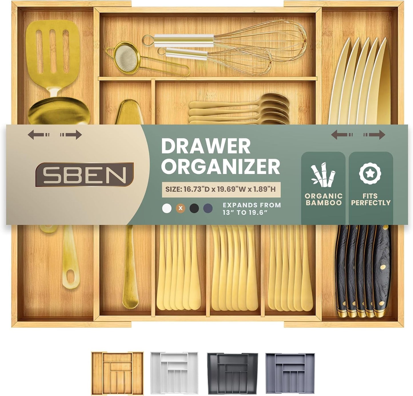 Expandable Drawer Organizer for Utensils Holder, Adjustable Cutlery Tray, 6-8 Slots, Premium Wood Drawer Dividers Organizer for Silverware, Flatware, Knives for Kitchen (White)