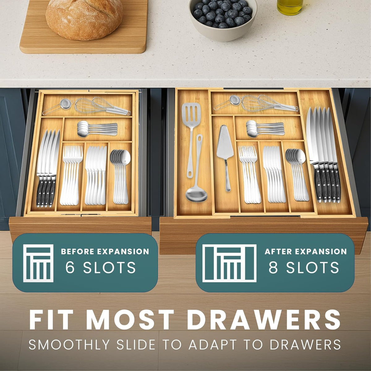 Expandable Drawer Organizer for Utensils Holder, Adjustable Cutlery Tray, 6-8 Slots, Premium Wood Drawer Dividers Organizer for Silverware, Flatware, Knives for Kitchen (White)