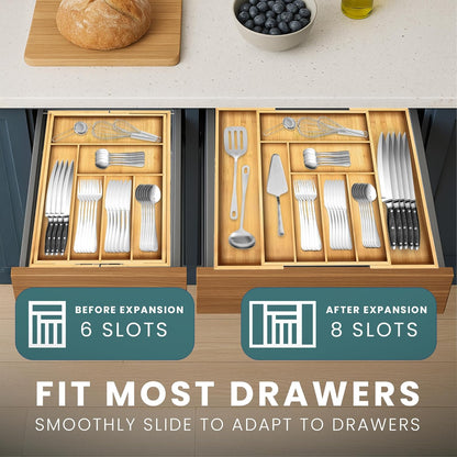 Expandable Drawer Organizer for Utensils Holder, Adjustable Cutlery Tray, 6-8 Slots, Premium Wood Drawer Dividers Organizer for Silverware, Flatware, Knives for Kitchen (White)