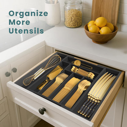 Expandable Drawer Organizer for Utensils Holder, Adjustable Cutlery Tray, 6-8 Slots, Premium Wood Drawer Dividers Organizer for Silverware, Flatware, Knives for Kitchen (White)