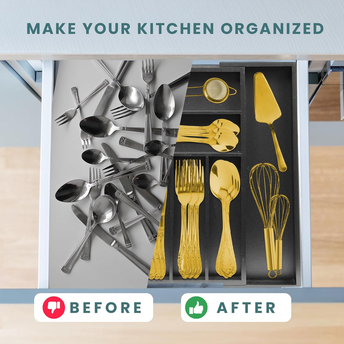 Expandable Drawer Organizer for Utensils Holder, Adjustable Cutlery Tray, 6-8 Slots, Premium Wood Drawer Dividers Organizer for Silverware, Flatware, Knives for Kitchen (White)