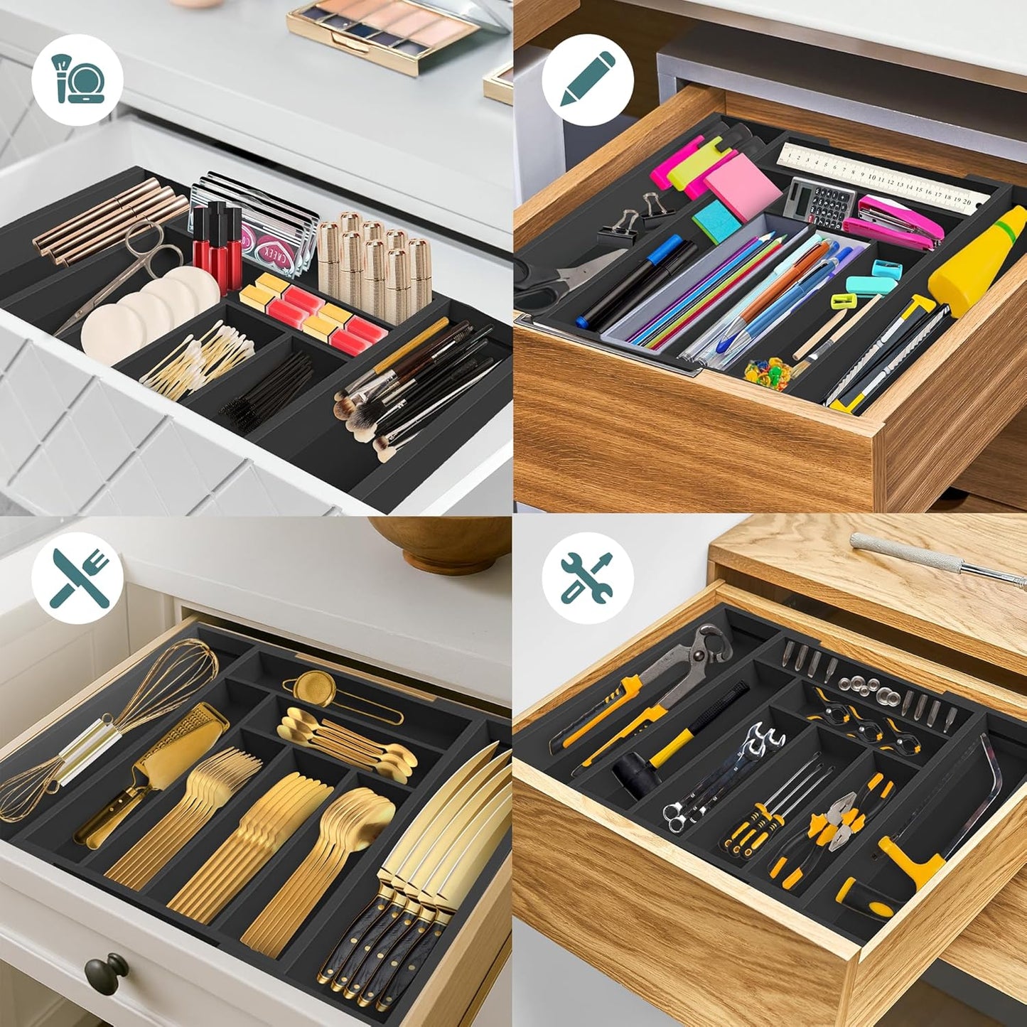 Expandable Drawer Organizer for Utensils Holder, Adjustable Cutlery Tray, 6-8 Slots, Premium Wood Drawer Dividers Organizer for Silverware, Flatware, Knives for Kitchen (White)