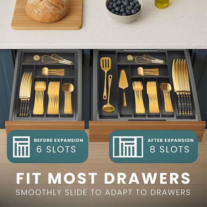 Expandable Drawer Organizer for Utensils Holder, Adjustable Cutlery Tray, 6-8 Slots, Premium Wood Drawer Dividers Organizer for Silverware, Flatware, Knives for Kitchen (White)