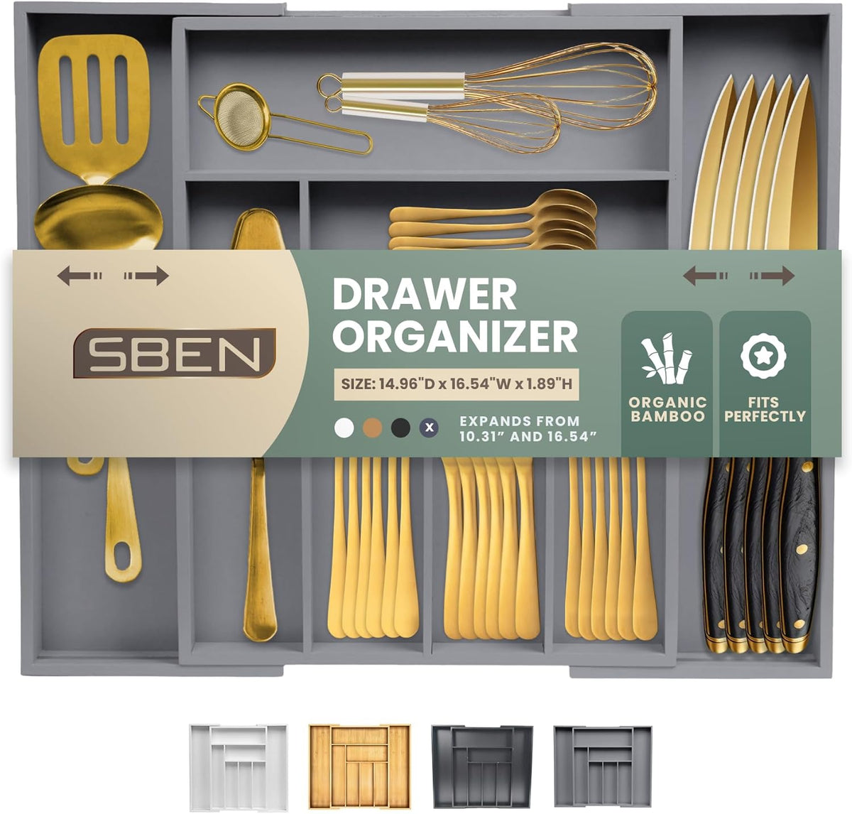 Expandable Drawer Organizer for Utensils Holder, Adjustable Cutlery Tray, 6-8 Slots, Premium Wood Drawer Dividers Organizer for Silverware, Flatware, Knives for Kitchen (White)