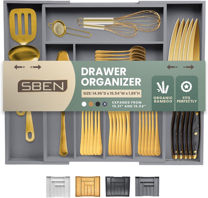 Expandable Drawer Organizer for Utensils Holder, Adjustable Cutlery Tray, 6-8 Slots, Premium Wood Drawer Dividers Organizer for Silverware, Flatware, Knives for Kitchen (White)