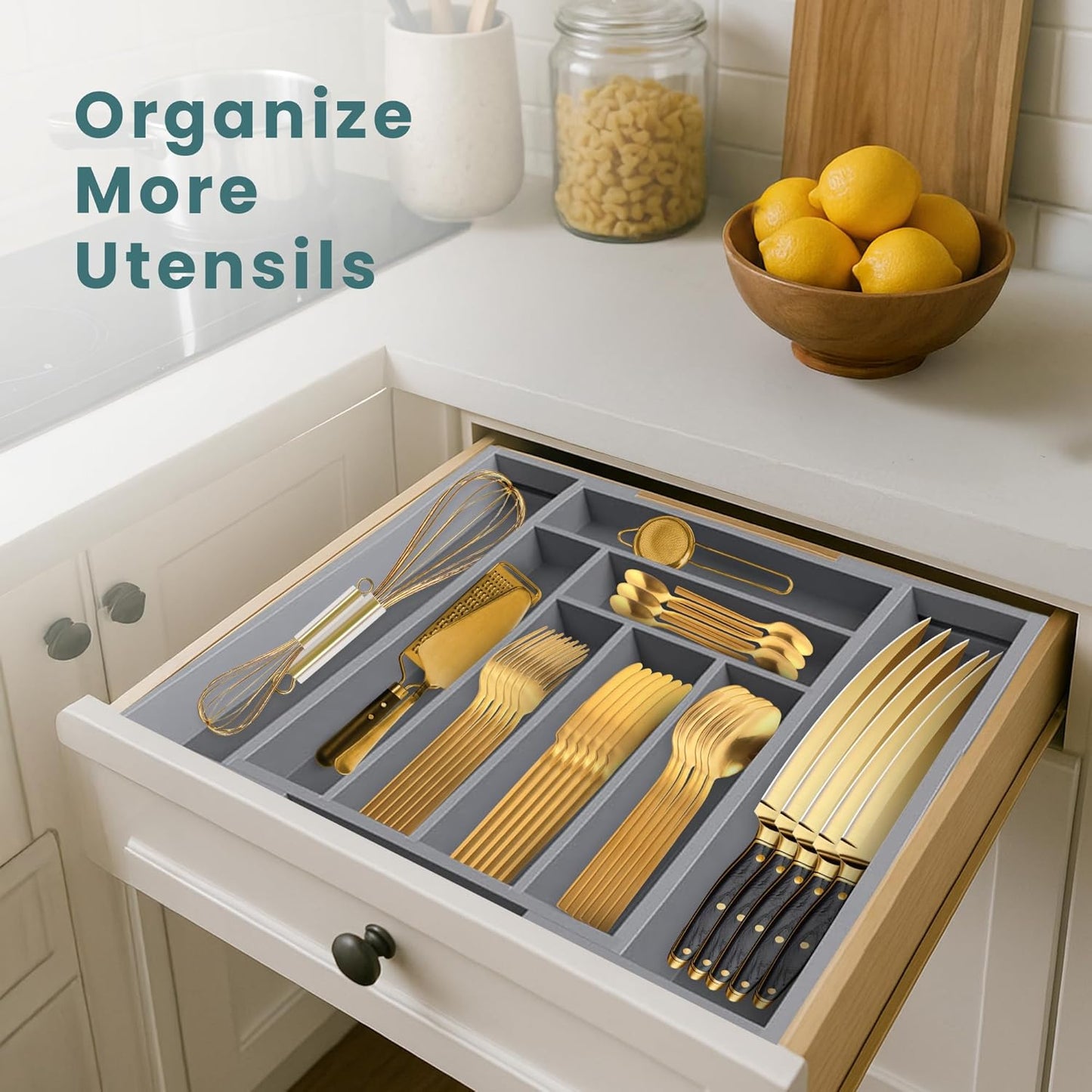 Expandable Drawer Organizer for Utensils Holder, Adjustable Cutlery Tray, 6-8 Slots, Premium Wood Drawer Dividers Organizer for Silverware, Flatware, Knives for Kitchen (White)