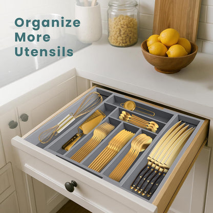 Expandable Drawer Organizer for Utensils Holder, Adjustable Cutlery Tray, 6-8 Slots, Premium Wood Drawer Dividers Organizer for Silverware, Flatware, Knives for Kitchen (White)
