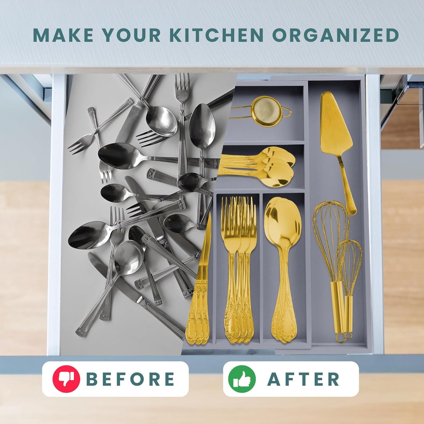 Expandable Drawer Organizer for Utensils Holder, Adjustable Cutlery Tray, 6-8 Slots, Premium Wood Drawer Dividers Organizer for Silverware, Flatware, Knives for Kitchen (White)