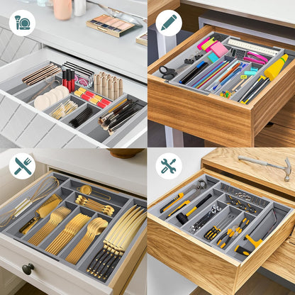 Expandable Drawer Organizer for Utensils Holder, Adjustable Cutlery Tray, 6-8 Slots, Premium Wood Drawer Dividers Organizer for Silverware, Flatware, Knives for Kitchen (White)