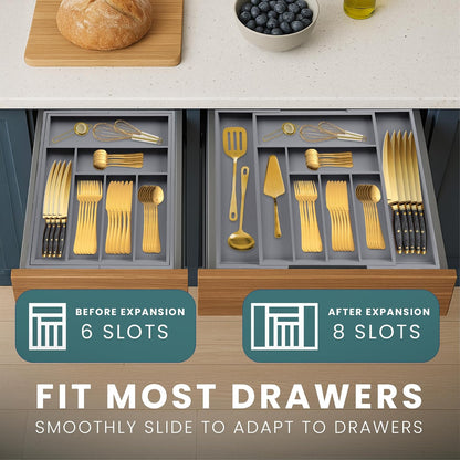 Expandable Drawer Organizer for Utensils Holder, Adjustable Cutlery Tray, 6-8 Slots, Premium Wood Drawer Dividers Organizer for Silverware, Flatware, Knives for Kitchen (White)