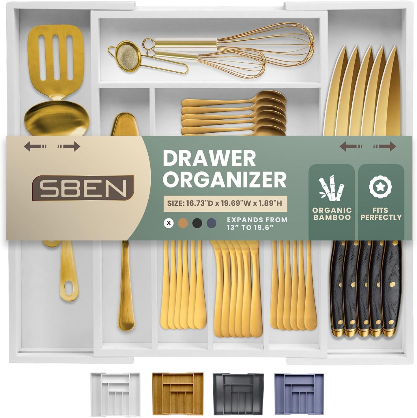 Expandable Drawer Organizer for Utensils Holder, Adjustable Cutlery Tray, 6-8 Slots, Premium Wood Drawer Dividers Organizer for Silverware, Flatware, Knives for Kitchen (White)