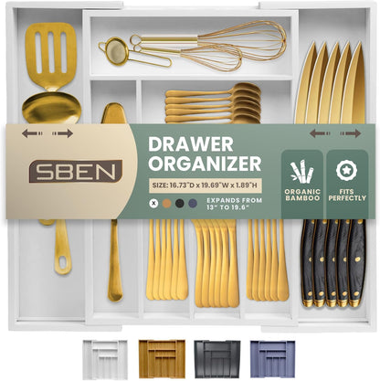 Expandable Drawer Organizer for Utensils Holder, Adjustable Cutlery Tray, 6-8 Slots, Premium Wood Drawer Dividers Organizer for Silverware, Flatware, Knives for Kitchen (White)