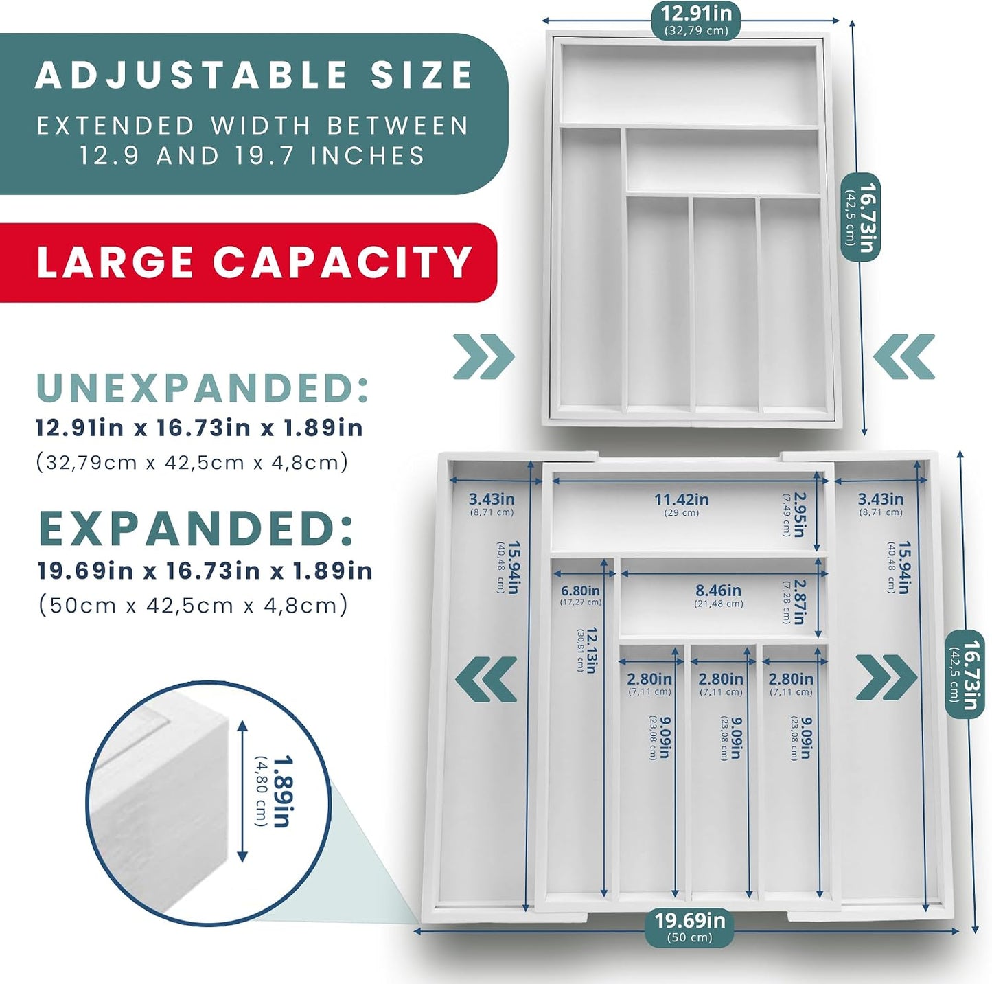 Expandable Drawer Organizer for Utensils Holder, Adjustable Cutlery Tray, 6-8 Slots, Premium Wood Drawer Dividers Organizer for Silverware, Flatware, Knives for Kitchen (White)
