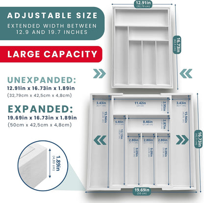 Expandable Drawer Organizer for Utensils Holder, Adjustable Cutlery Tray, 6-8 Slots, Premium Wood Drawer Dividers Organizer for Silverware, Flatware, Knives for Kitchen (White)