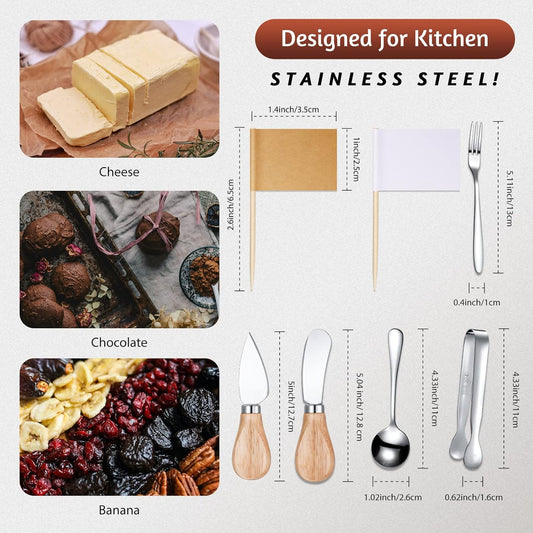 Charcuterie Board Accessories Spreader Knife Set Cheese Butter Spreader Knife Charcuterie Utensils with Wooden Handles Mini Serving Tongs Spoons Forks for party Wedding Christmas (Silver, 20 Pieces)