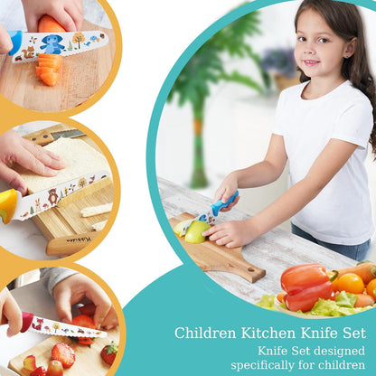 Kids Knife Set for Real Cooking, 4pcs Kids Safe Kitchen Cutting Knives, Stainless Steel Blades, Children First Starter knife, BPA-free (Multicolor)