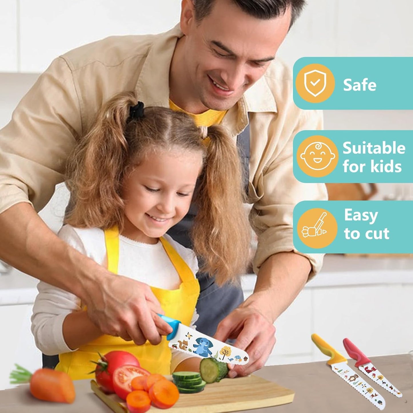 Kids Knife Set for Real Cooking, 4pcs Kids Safe Kitchen Cutting Knives, Stainless Steel Blades, Children First Starter knife, BPA-free (Multicolor)