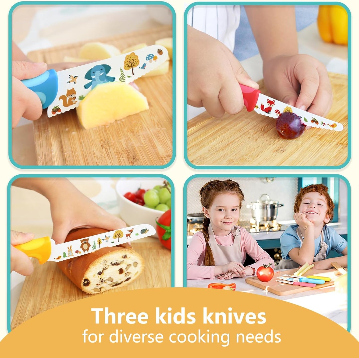 Kids Knife Set for Real Cooking, 4pcs Kids Safe Kitchen Cutting Knives, Stainless Steel Blades, Children First Starter knife, BPA-free (Multicolor)