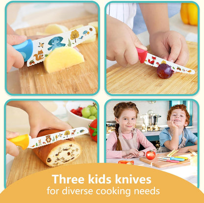 Kids Knife Set for Real Cooking, 4pcs Kids Safe Kitchen Cutting Knives, Stainless Steel Blades, Children First Starter knife, BPA-free (Multicolor)